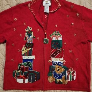 Tiara Women Red Christmas Cardigan XL Embroidered Gifts & Teddy Bear Holiday VTG